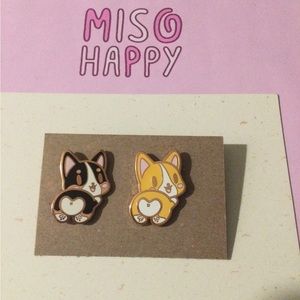 Mis0happy corgi bootie metal lapel pin lot of 2